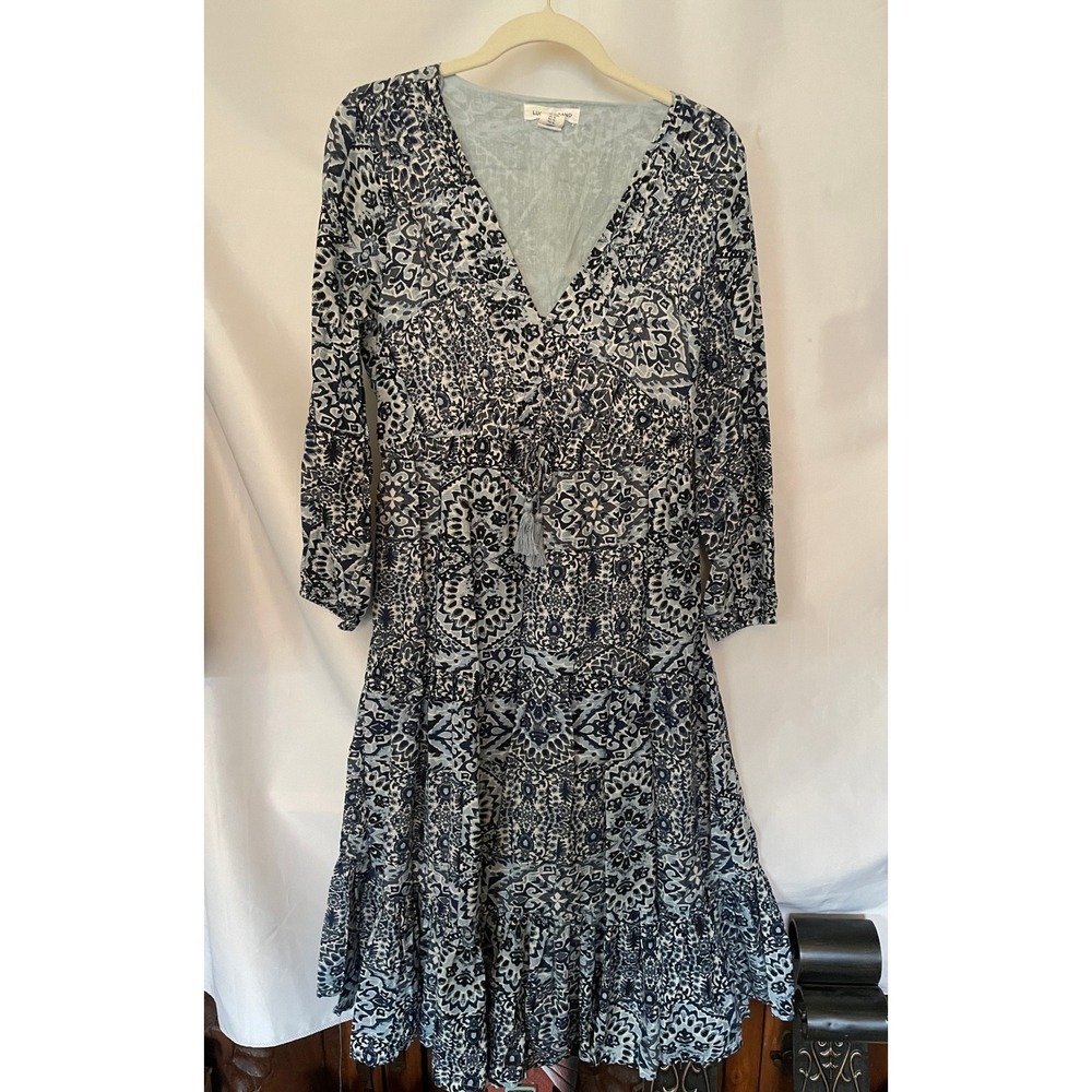 Lucky Brand Blue White Paisley Mandala Tiered Boho Midi Dress Womens Medium